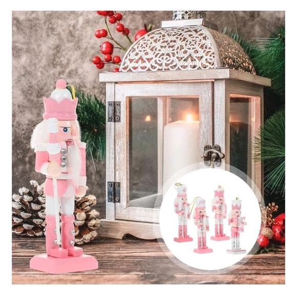 PartyKindom Pink Nutcracker Ornaments 4pcs Wooden Nutcracker Figures Small - Picture 5 of 10